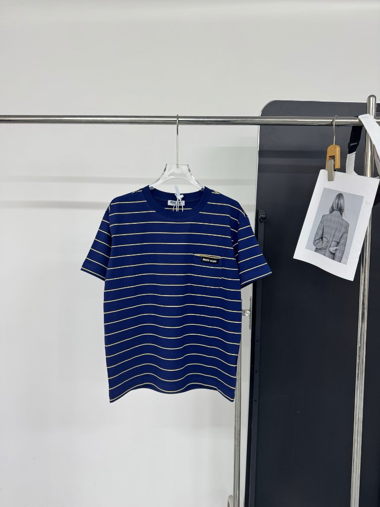 Miu Miu Blue And Yellow - Short-Sleeve T-Shirt - Round Neck With Pocket And